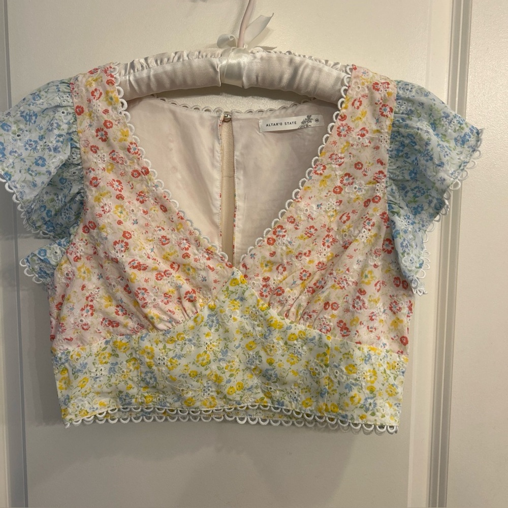 Altar'd State Patchwork Crop Top Size M Floral Flutter Sleeve Eyelet Cottagecore